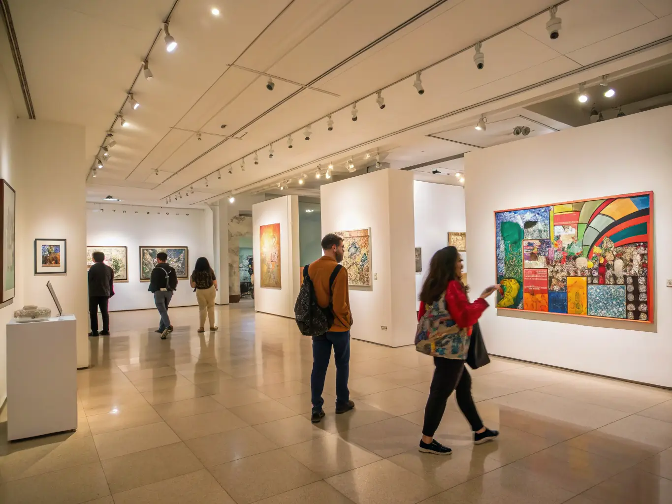 A dynamic image of an art exhibition at OVER-HEAD, showcasing various paintings and sculptures with visitors admiring the artwork.