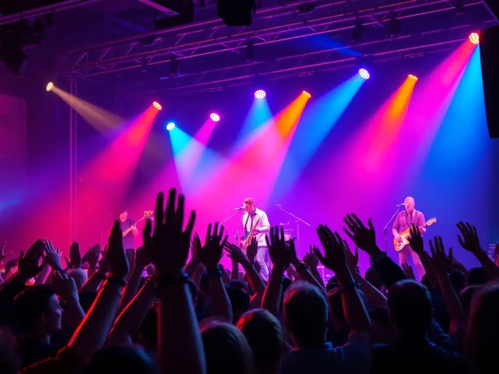 A vibrant photograph capturing a live music performance at OVER-HEAD, featuring a band on stage and an enthusiastic audience enjoying the show.