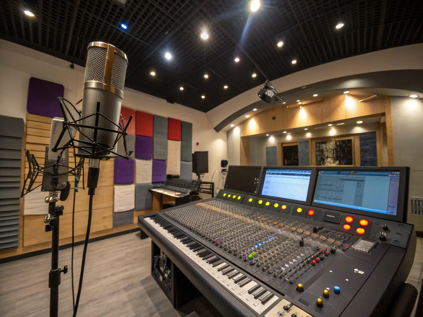 A photo of a professional recording studio with artists working on music and sound equipment, representing OVER-HEAD's Rehearsal and Recording Studio Management.