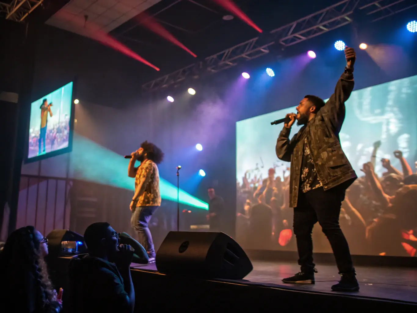An image of a lively cultural event with artists performing on stage and an engaged audience, representing OVER-HEAD's Cultural Event Creation program.
