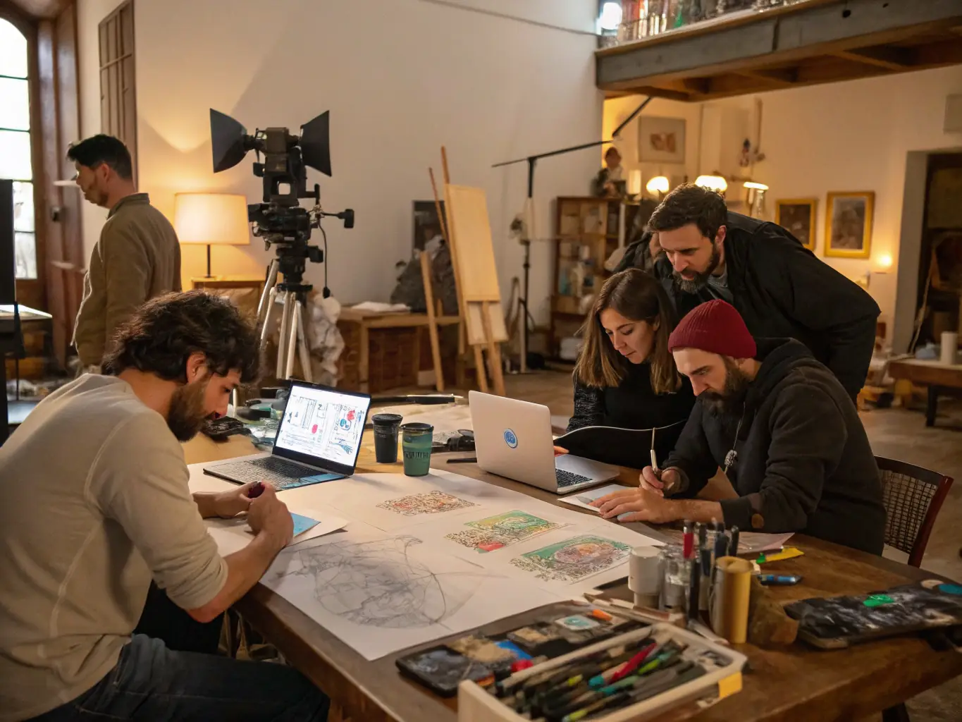 An image of artists participating in a workshop or mentorship session, representing OVER-HEAD's Artist Support Programs.