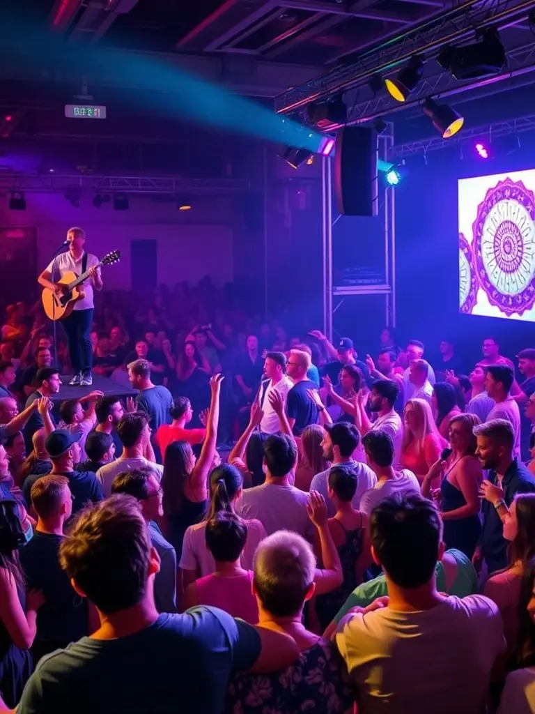 A vibrant photograph capturing a live music performance at an OVER-HEAD cultural event, showcasing diverse artists and an engaged audience.