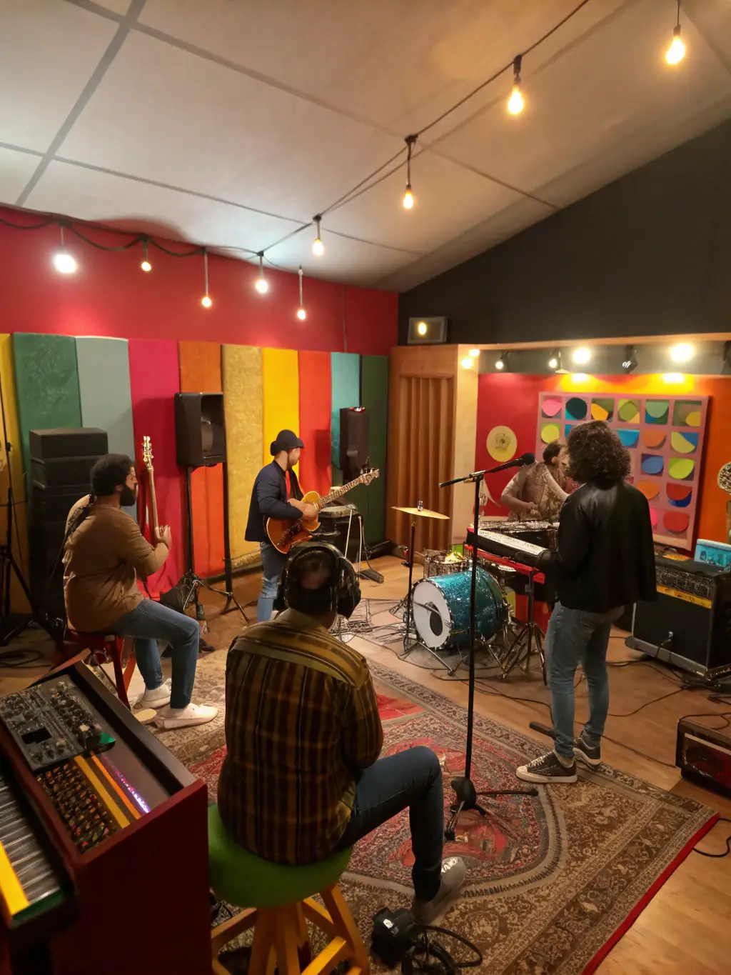 A photo of artists collaborating in OVER-HEAD's rehearsal studio, showing them working on a recording session with professional equipment.